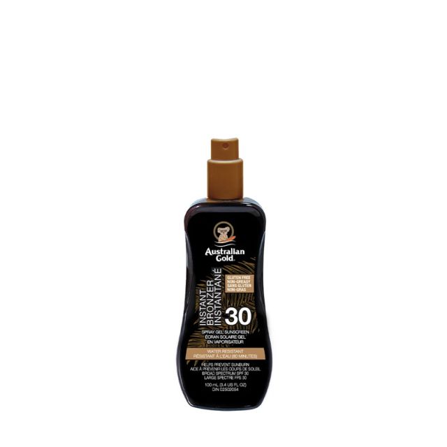 Australian Gold: Spray Gel Sunscreen Instant Bronzer SPF 30 3.4 fl oz / 100 ml