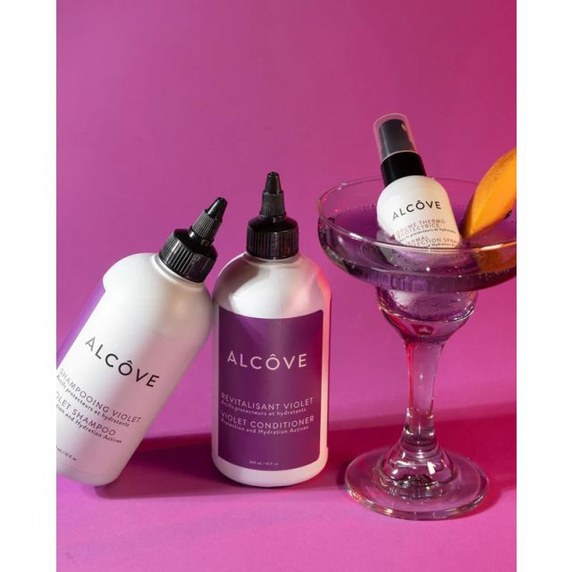 Alcove Violet Duo Bye Bye Brass Shampoo + Conditioner Kit free protecting spray